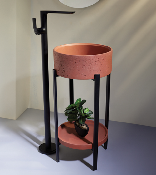 Concrete Round Wash Basin + MS black Stand + Concrete Plate – Aquant India